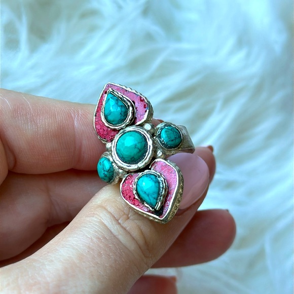 Boho Turquoise, Coral and Sterling Silver Navajo-style ring Size 8.5 - Picture 4 of 6